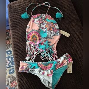 NWT Arizona Jean Boho Colorful Fringe Bikini Set Small and Medium Tassels Fringe
